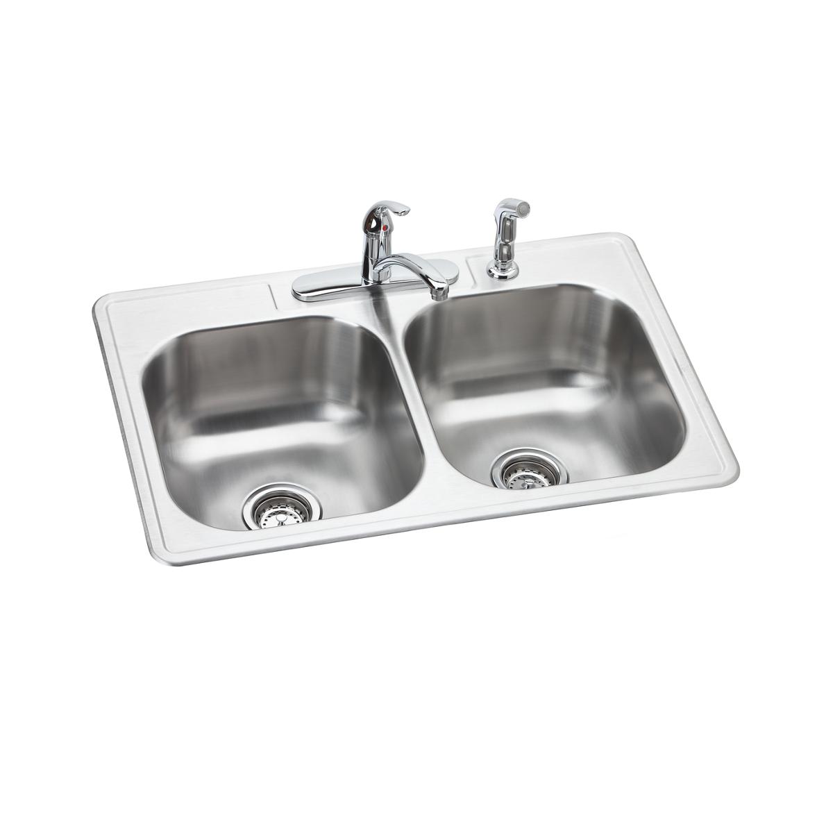 Stainless steel drop-in double bowl sink with chrome faucet and four mounting holes.