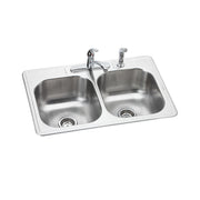 Stainless steel drop-in double bowl sink with chrome faucet and four mounting holes.