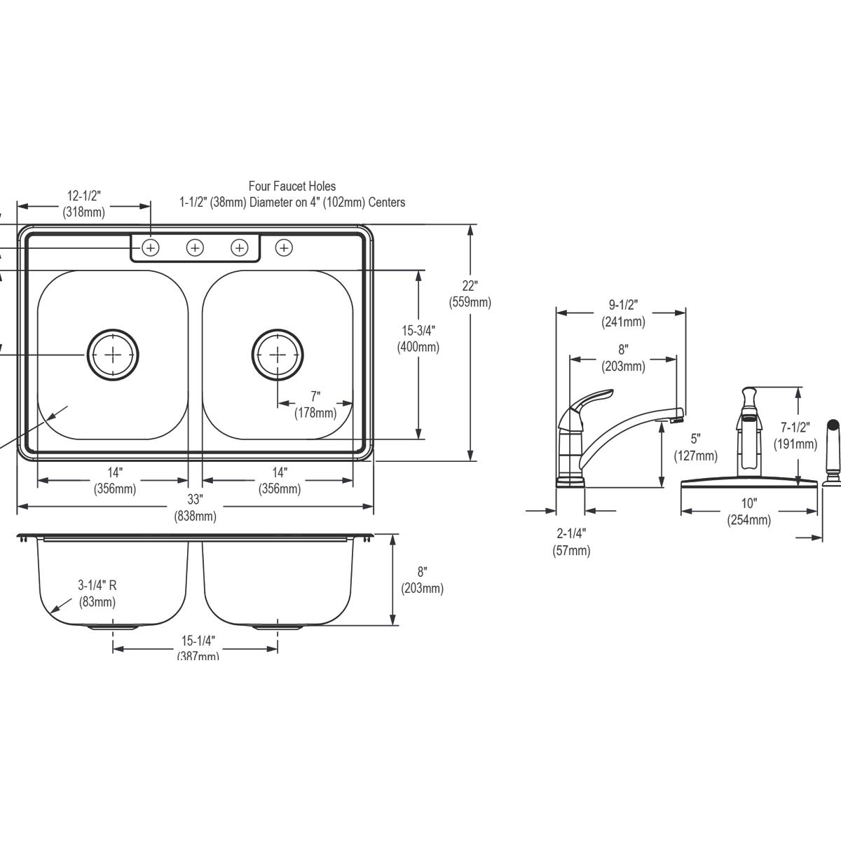 Stainless steel double bowl drop-in sink with four faucet holes and matching single-lever faucet with spray head, shown in to