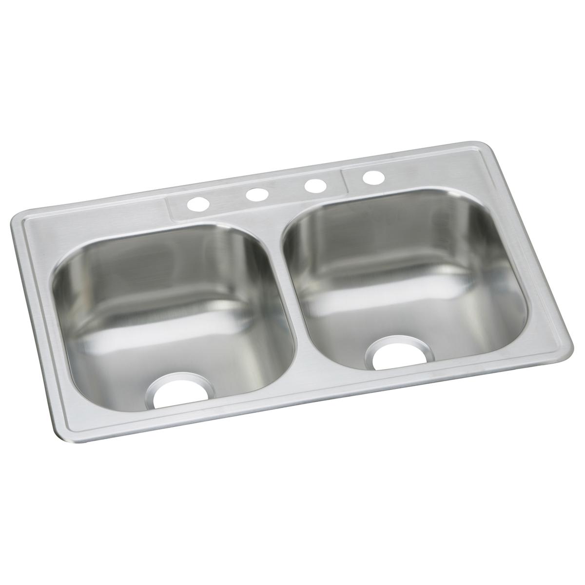 Stainless steel double bowl drop-in sink with two equal-sized basins and five pre-drilled holes across the rim.