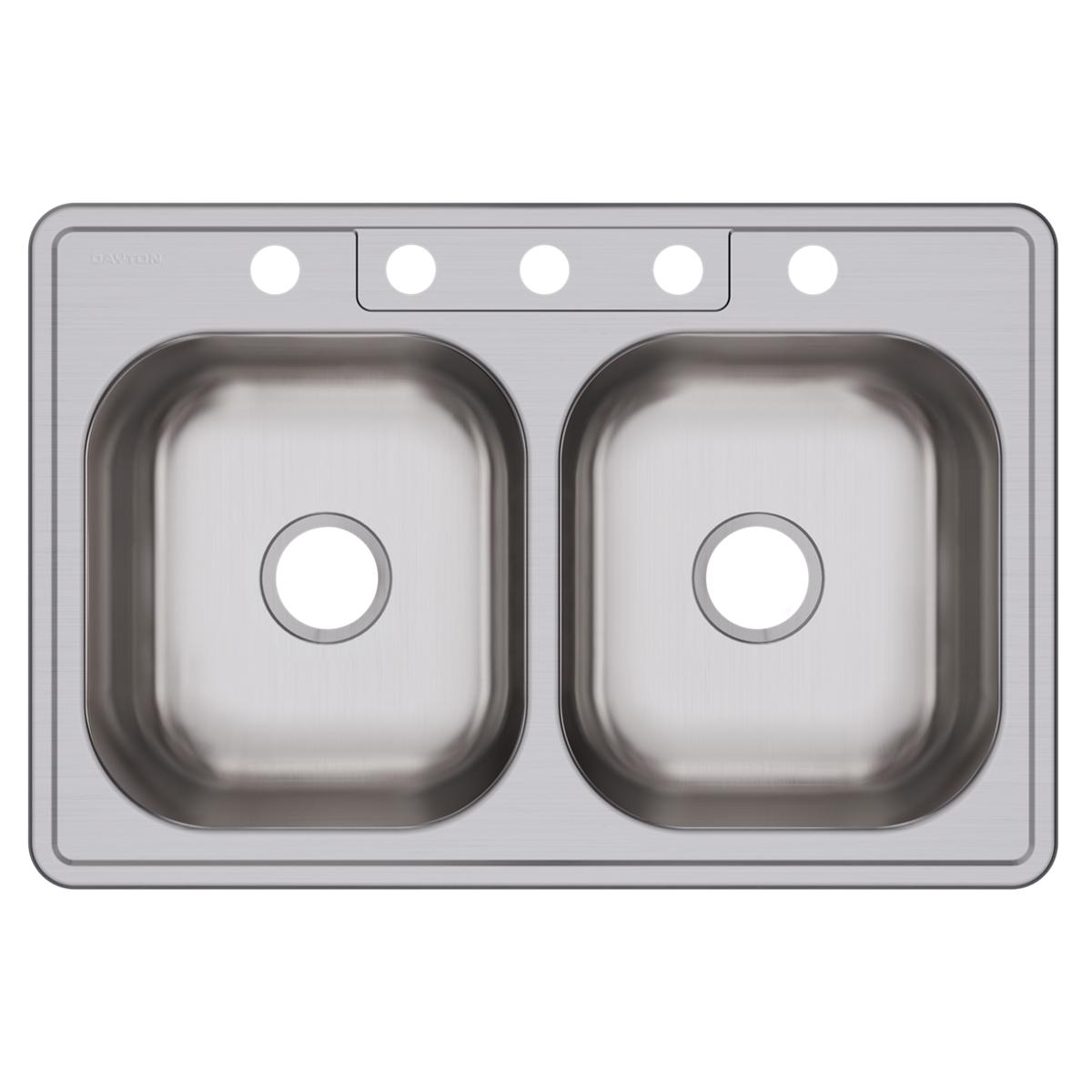 Stainless steel drop-in sink with two equal rectangular bowls and five holes across the rim for faucet mounting.