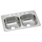 Stainless steel double bowl drop-in sink with five holes across the rim for faucet installation.