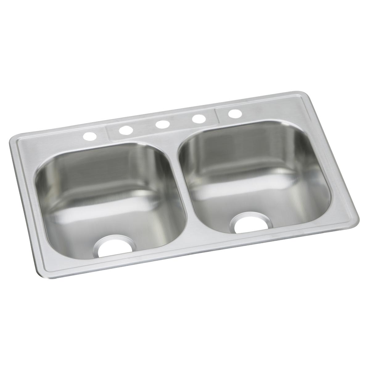 Stainless steel double bowl drop-in sink with five holes across the rim for faucet installation.
