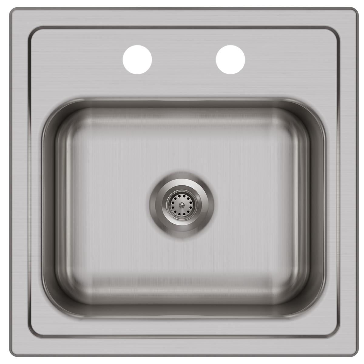 Stainless steel single bowl drop-in sink with two faucet holes and drain basket visible from above.