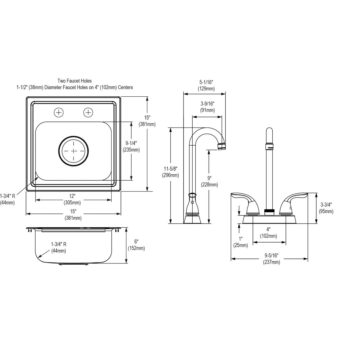 Stainless steel drop-in bar sink with single bowl and two faucet holes, shown with matching faucet and detailed dimension spe
