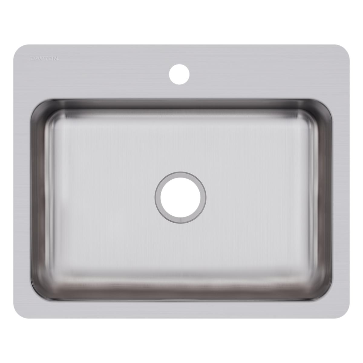 Stainless steel single bowl sink with one faucet hole and rounded corners, shown from above.