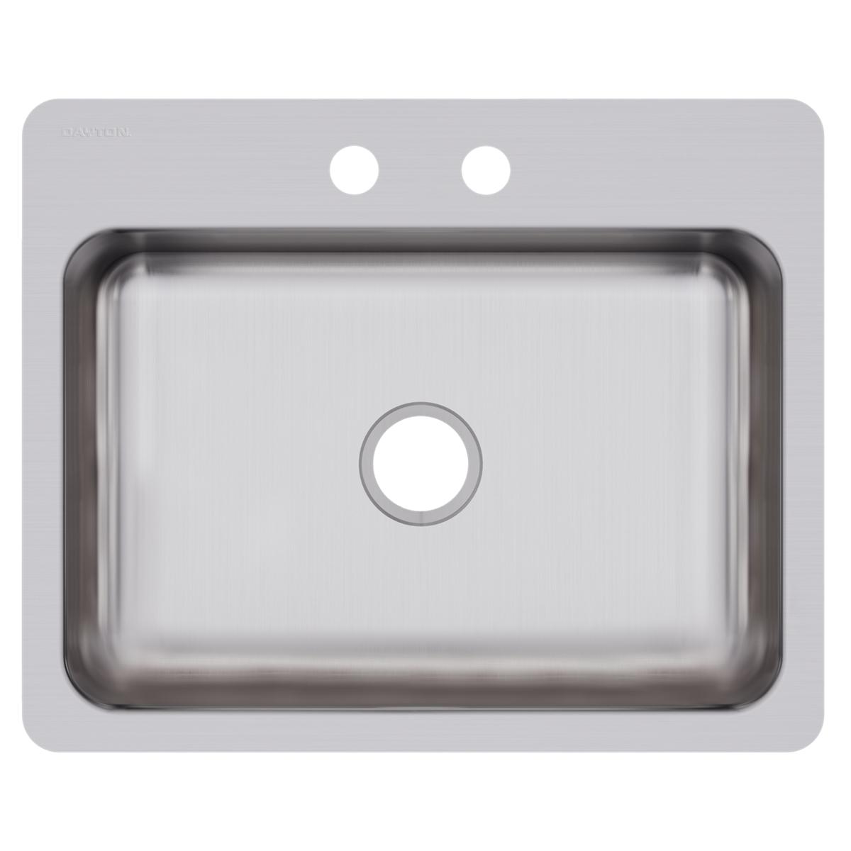 Stainless steel single bowl sink with gray rim, one drain hole, and two faucet mounting holes on gray deck.