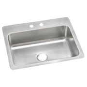 Stainless steel single bowl drop-in sink with two pre-drilled holes on brushed deck surface.