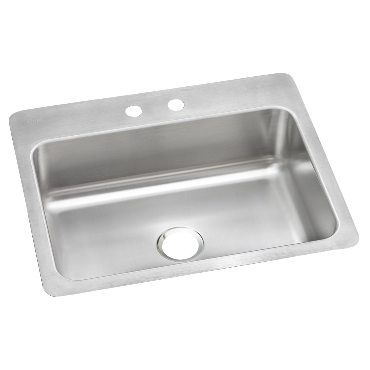Stainless steel single bowl drop-in sink with two pre-drilled holes on brushed deck surface.