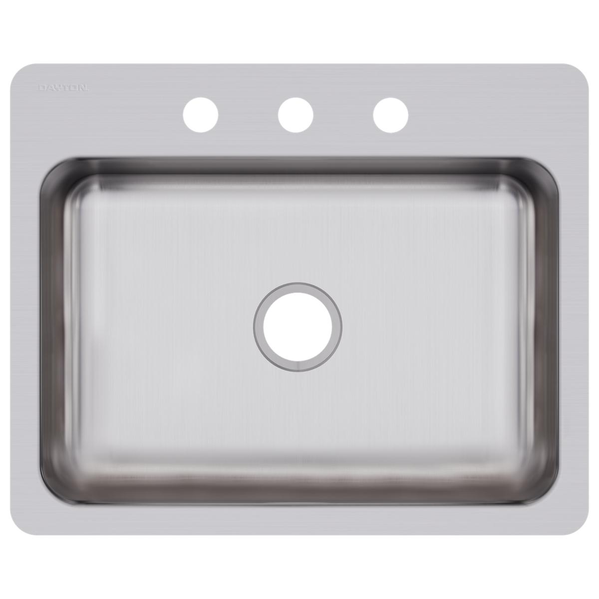 Stainless steel single bowl sink with gray rim and three pre-drilled holes for faucet mounting on gray deck.