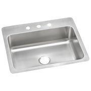 Stainless steel single bowl sink with brushed surface, one drain hole, and three pre-drilled faucet mounting holes along the 