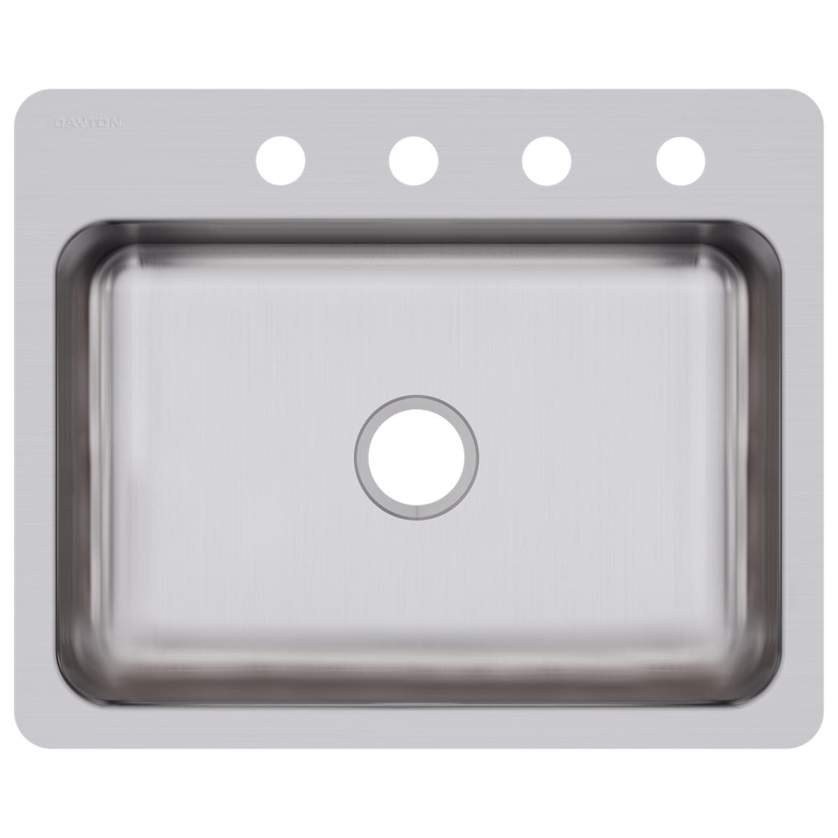 Stainless steel single bowl sink with four pre-drilled holes in gray rim and one center drain opening.