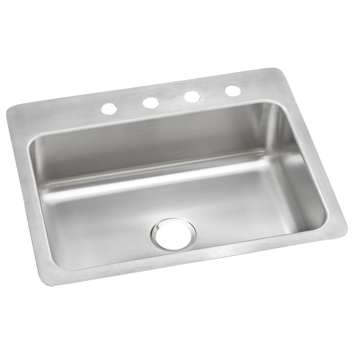 Stainless steel single bowl sink with four pre-drilled holes in the rim for faucet mounting.