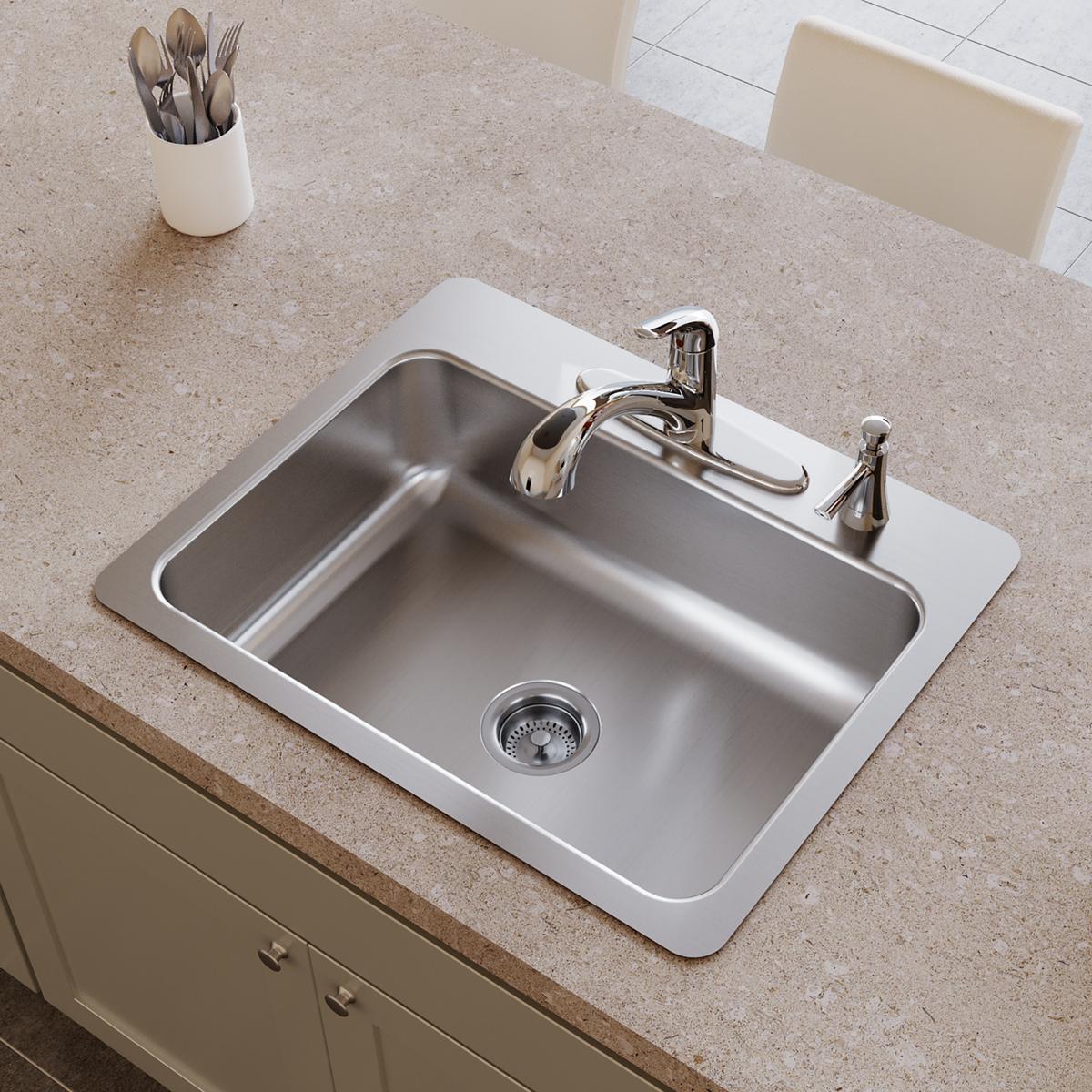 Stainless steel single bowl sink with white rim mounted on countertop, featuring faucet and drain strainer.
