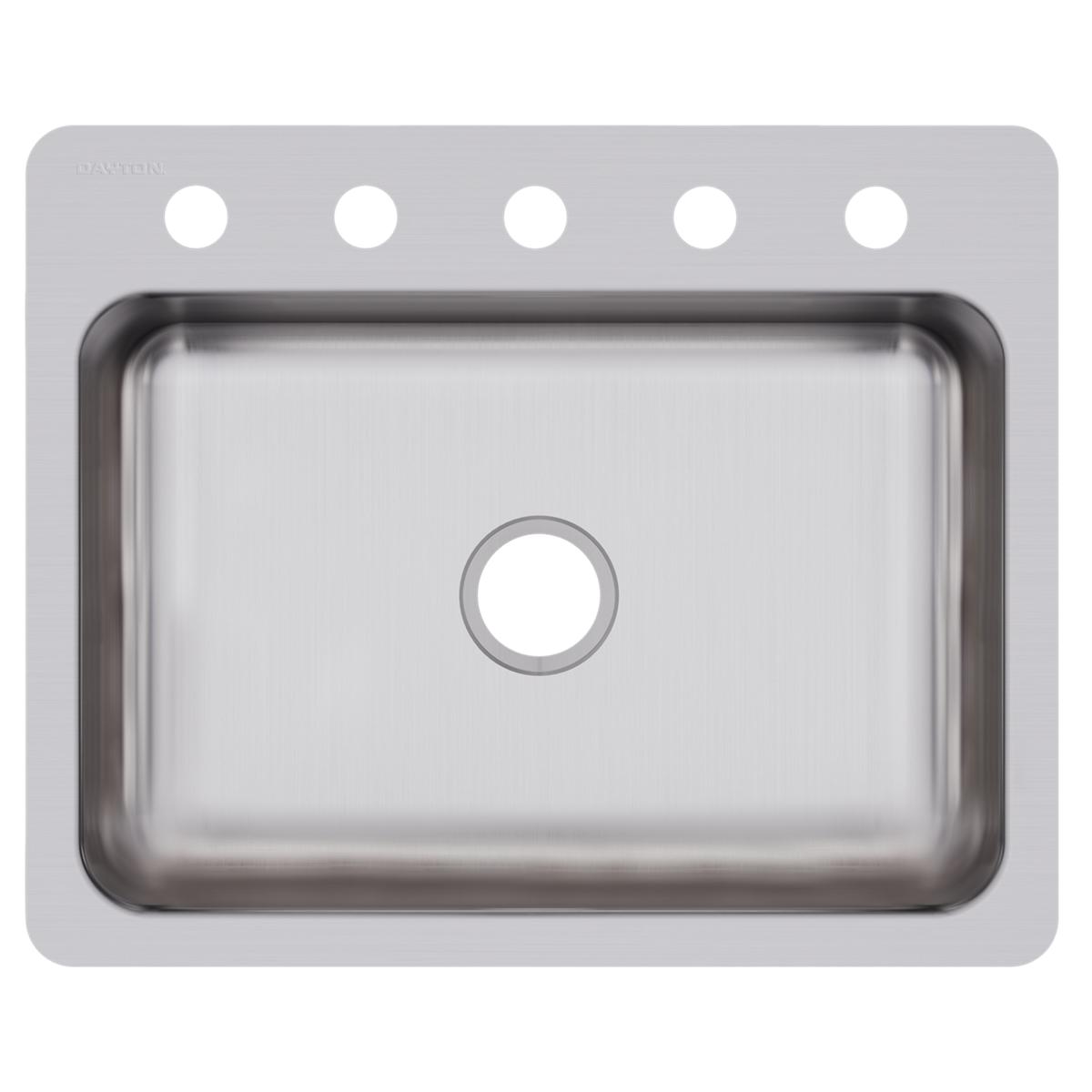 Stainless steel single bowl sink with gray rim and five holes drilled across top rim for faucet mounting.