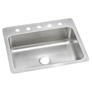 Brushed stainless steel single bowl sink with five holes drilled across the top rim for faucet mounting.