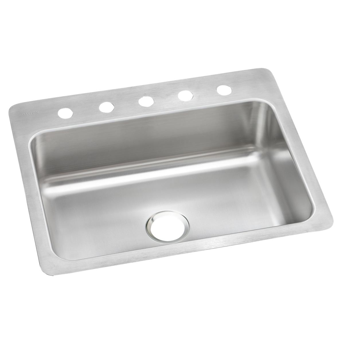 Brushed stainless steel single bowl sink with five holes drilled across the top rim for faucet mounting.
