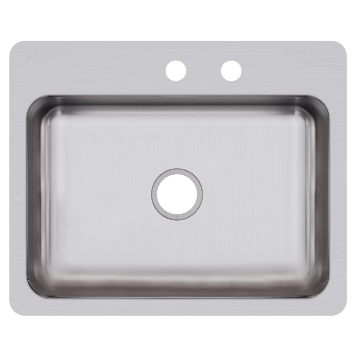 Stainless steel single bowl sink with two faucet holes and one drain opening, brushed finish.