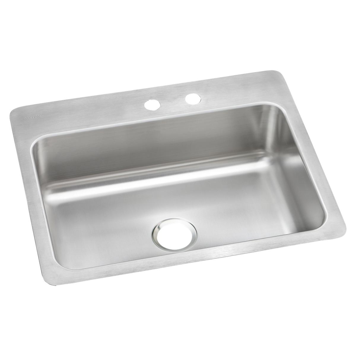Stainless steel single bowl sink with two faucet holes and drain opening, featuring brushed finish and rounded corners.