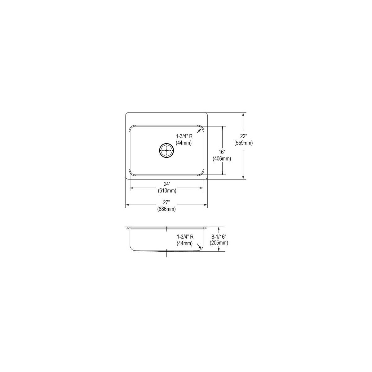 Stainless steel single bowl sink with top and side views showing dimensions, drain hole, and mounting specifications.