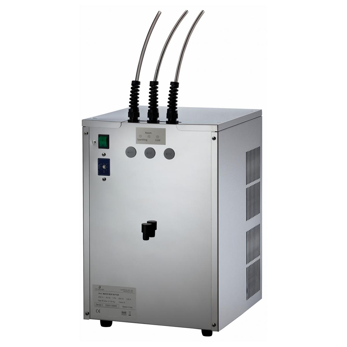 Stainless steel carbonation chiller with three curved dispensing tubes, control buttons, and a tap outlet on the front.