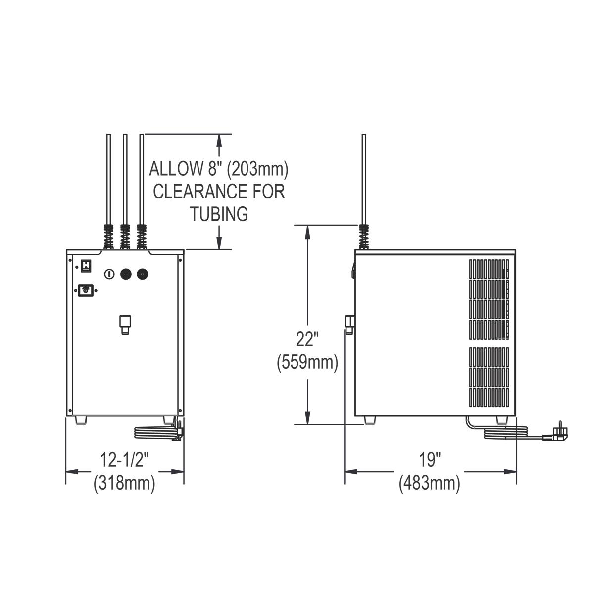 Technical schematic showing front and side views of Elkay carbonation chiller with dimensions, tubing clearance, and control 