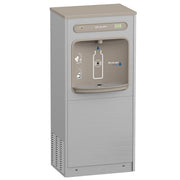 Stainless steel floor-standing water bottle filling station with refrigeration and filtered water dispensing, bottle fill ico