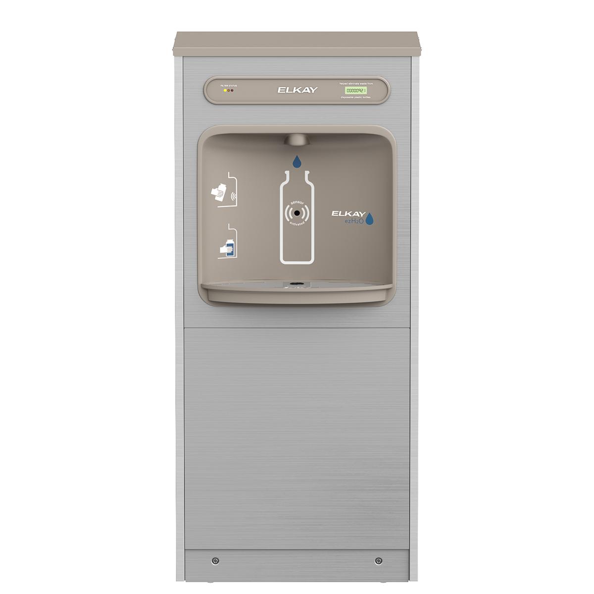 Stainless steel floor-standing water bottle filling station with filtered and refrigerated dispenser and bottle refill icons 