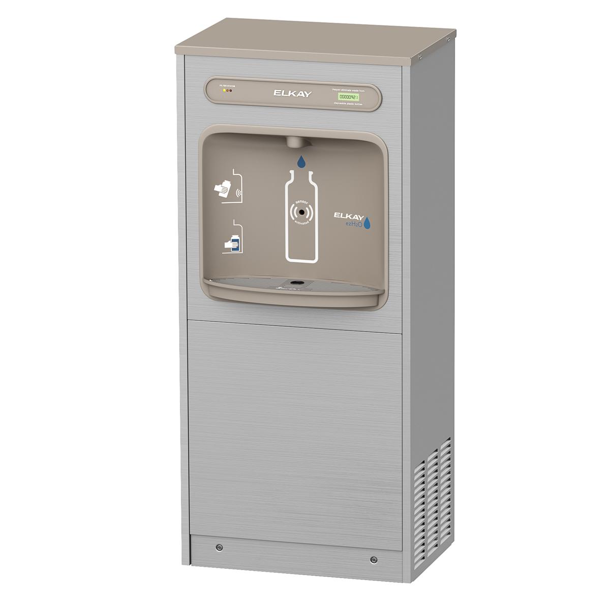 Stainless steel floor-standing bottle filling station with filtered water dispenser and refrigeration unit.