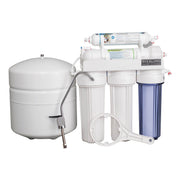 Sterling reverse osmosis drinking water system with white storage tank, filtration unit, faucet, and blue filter cartridge.