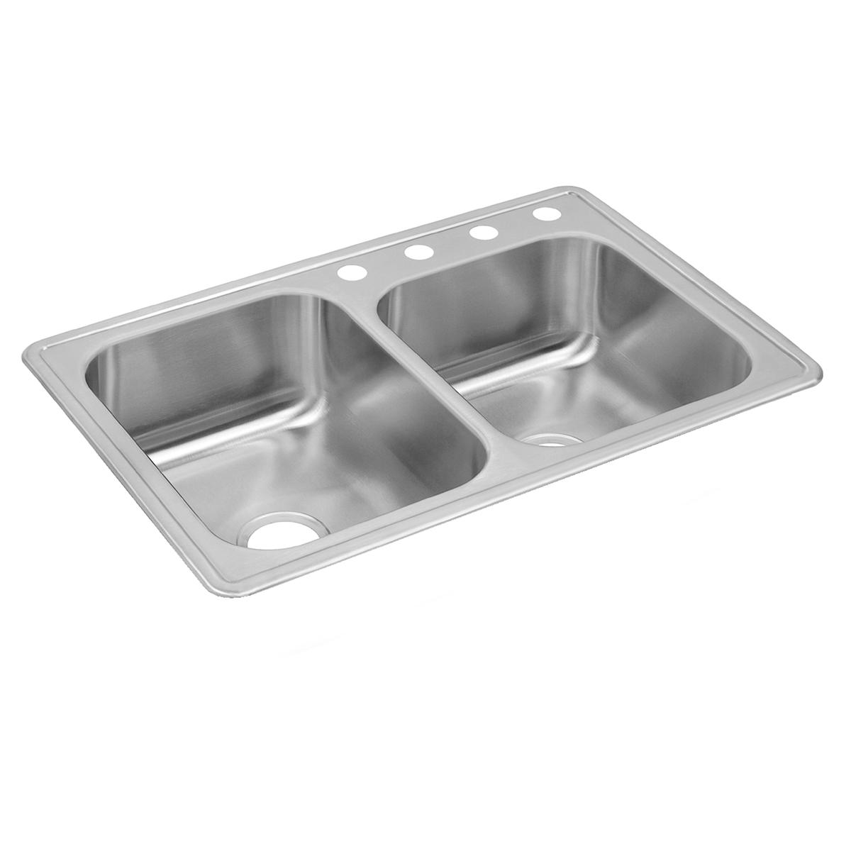 Stainless steel double bowl drop-in sink with three faucet holes along the rim.