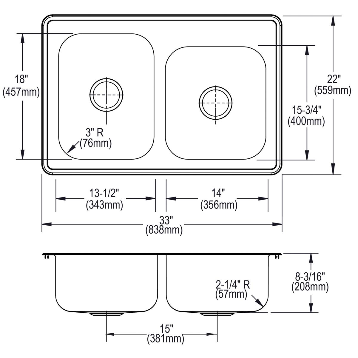 Stainless steel double bowl drop-in sink with offset bowls and 4-hole configuration, shown in top and side technical drawings