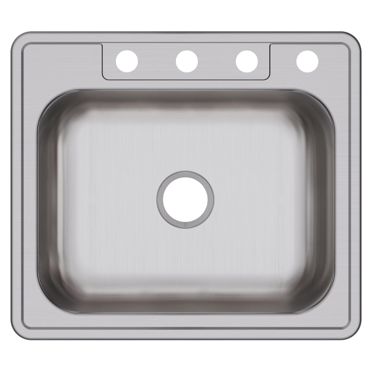 Stainless steel drop-in sink with single bowl, four pre-drilled faucet holes, and brushed finish surface.