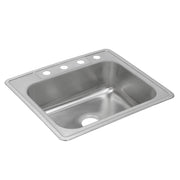 Stainless steel drop-in sink with single bowl and two pre-drilled holes for faucet mounting.