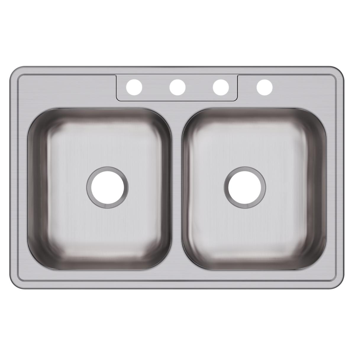 Stainless steel double bowl drop-in sink with four pre-drilled holes and drain openings on each bowl.