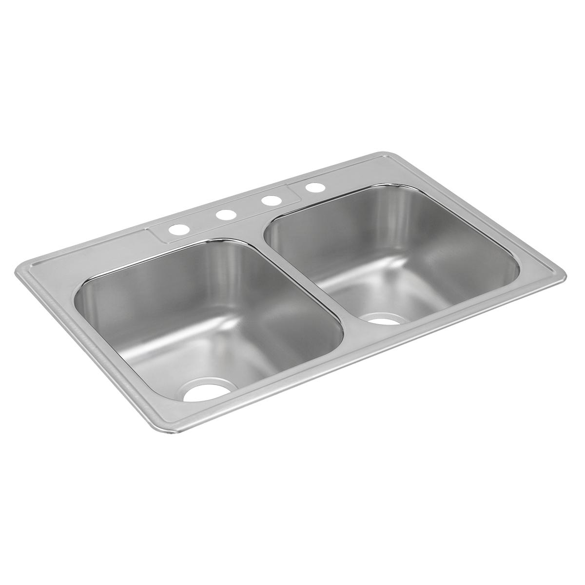 Stainless steel double bowl drop-in sink with five holes across the rim.