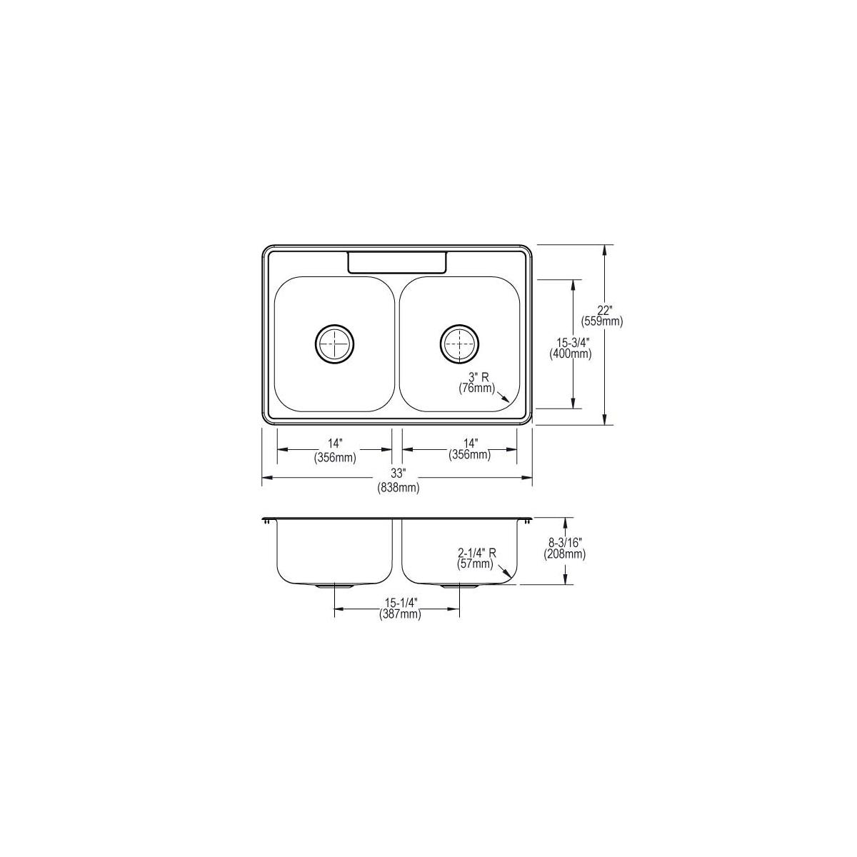 Stainless steel drop-in sink with two equal bowls and five holes, shown in top and side view with dimensions.