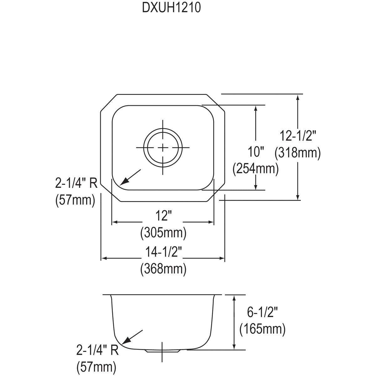 Stainless steel single bowl undermount bar sink with rounded corners and centered drain hole, shown in top and side view sche
