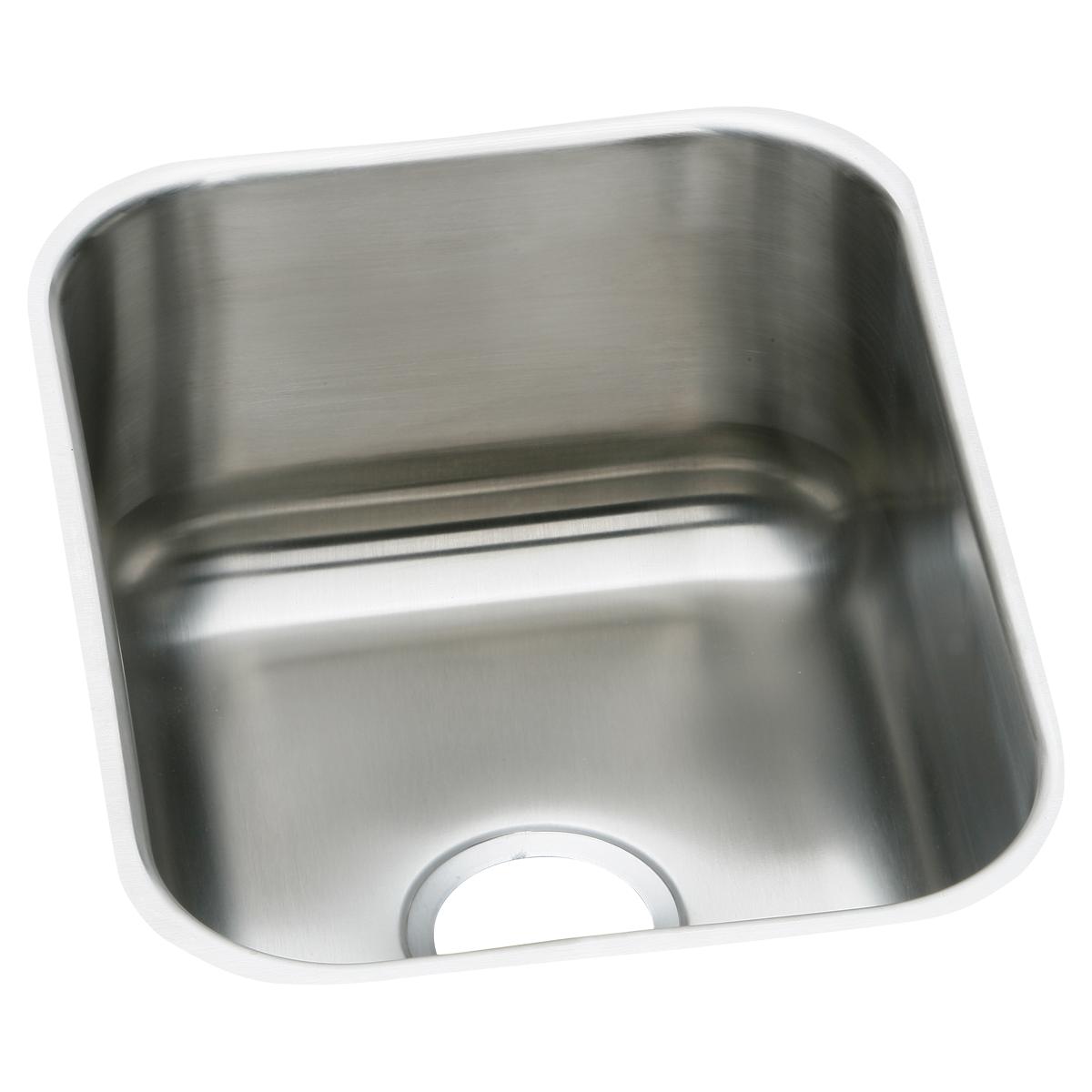 Stainless steel single bowl undermount bar sink with rounded corners and drain opening.