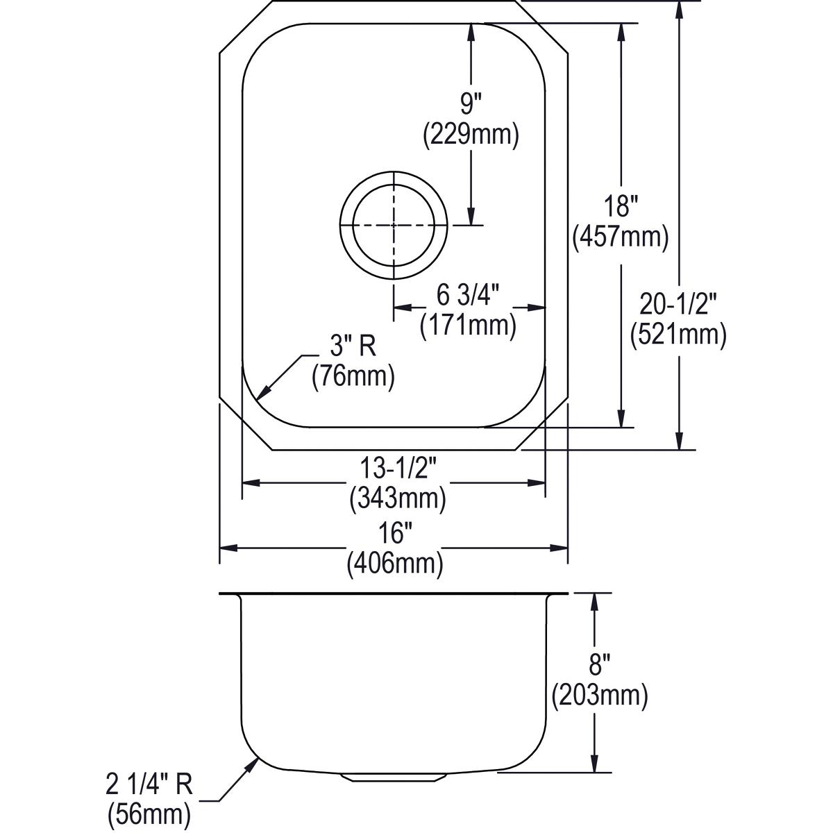 Top-down and side technical drawing of stainless steel undermount bar sink with single bowl and rounded corners.