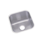 Stainless steel single bowl undermount sink with rounded corners and drain hole, viewed from above.
