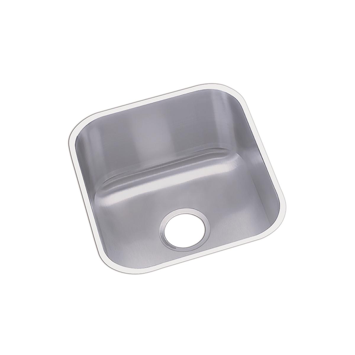 Stainless steel single bowl undermount sink with rounded corners and drain hole, viewed from above.