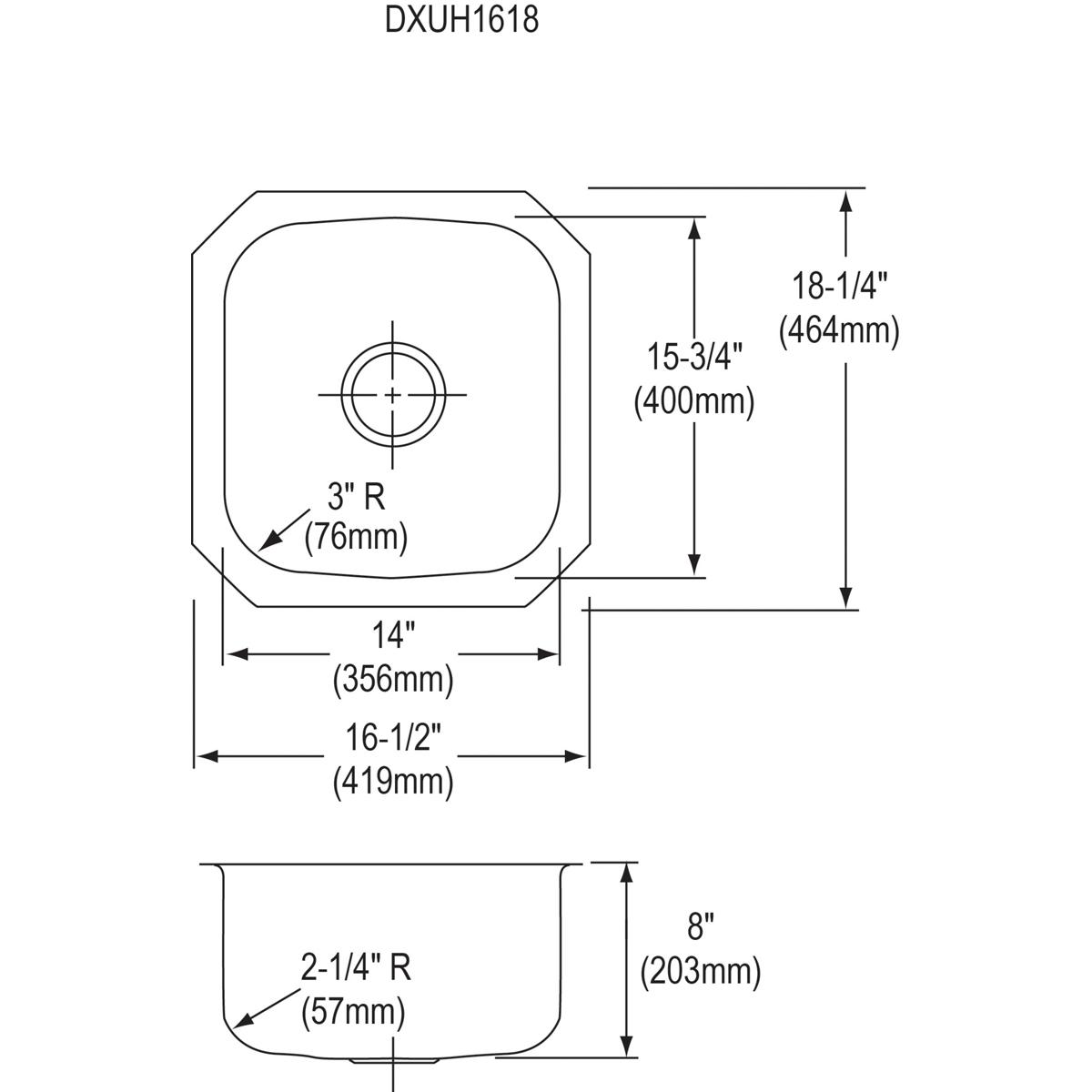 Stainless steel undermount bar sink with single bowl, rounded corners, and 2-inch drain opening, shown in top and side view t