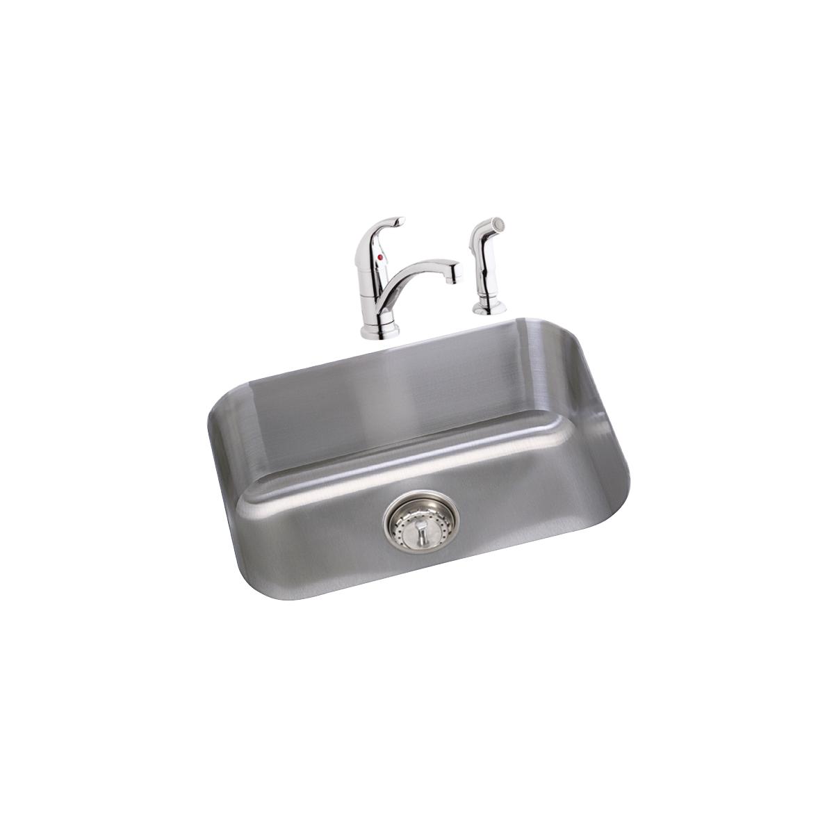 Stainless steel single bowl undermount sink with chrome faucet and side sprayer attachment.