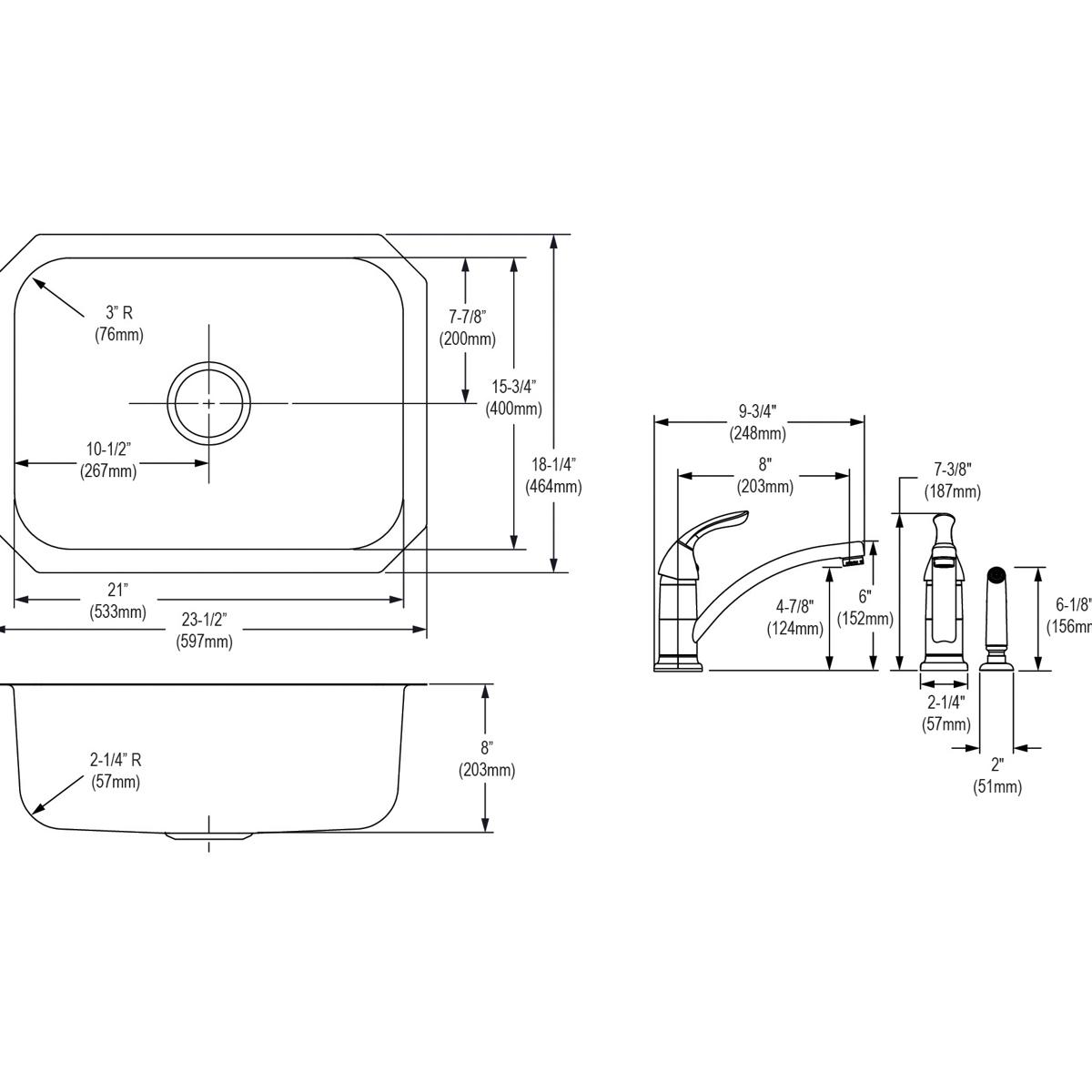 Technical drawing showing stainless steel undermount sink bowl dimensions and matching faucet with spray head specifications.
