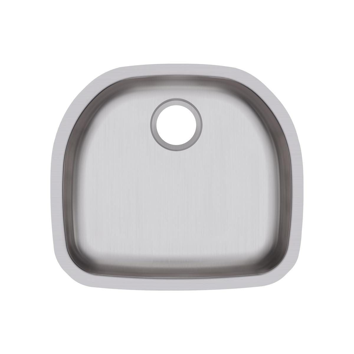 Stainless steel single bowl undermount sink with rounded edges and drain hole.