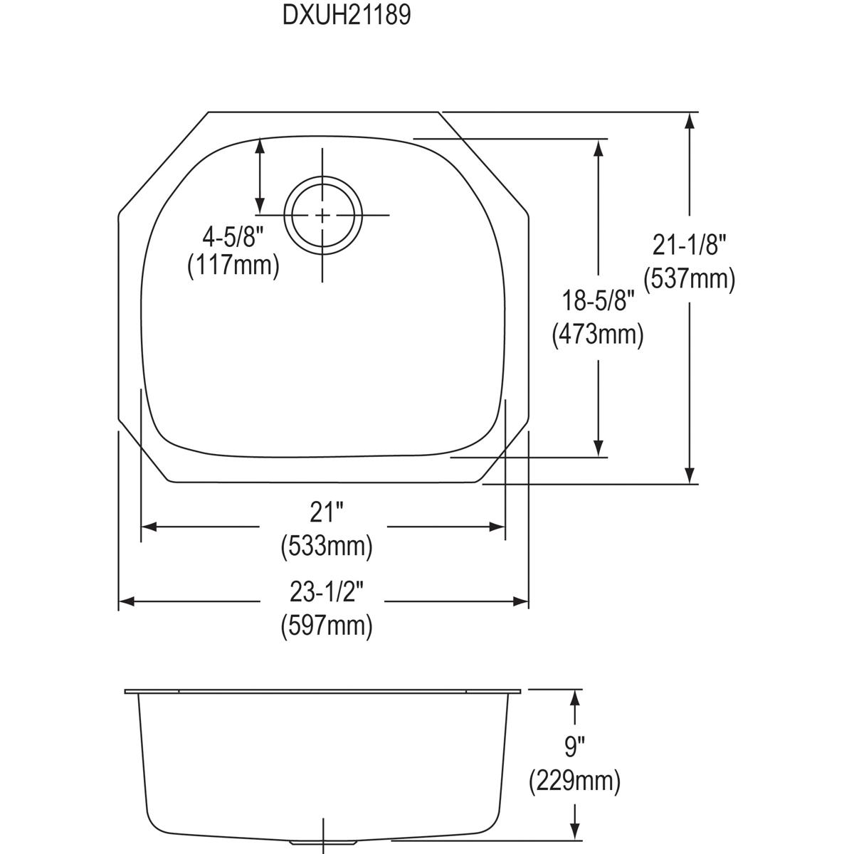 Stainless steel single bowl undermount sink with rounded corners, top view and side profile showing dimensions and drain open