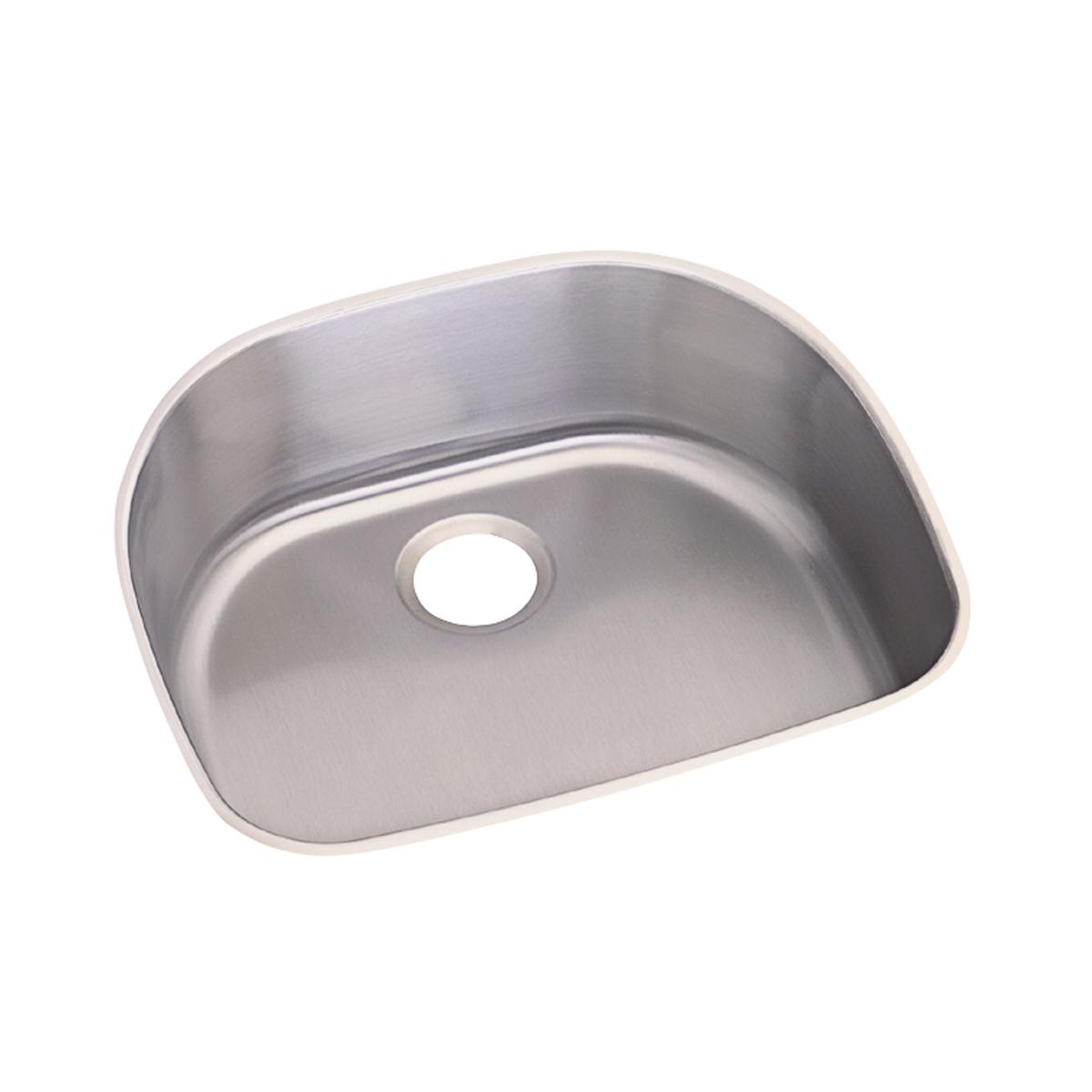 Stainless steel single bowl undermount sink with rounded corners and drain hole.