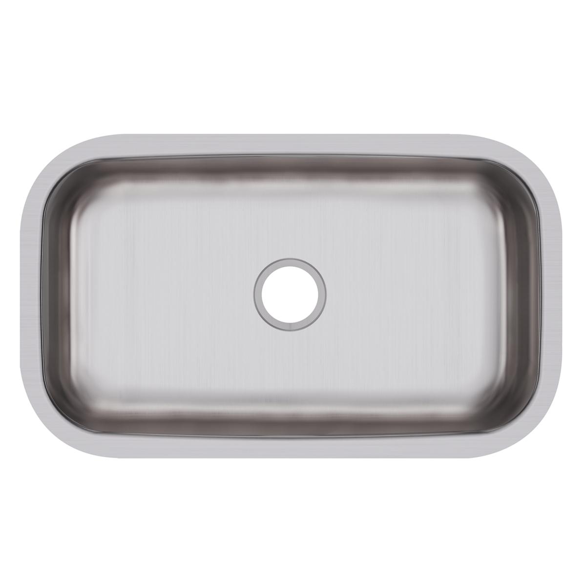 Stainless steel single bowl undermount sink with rounded corners and center drain hole, viewed from above.