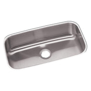 Stainless steel single bowl undermount sink with rounded corners and center drain hole.